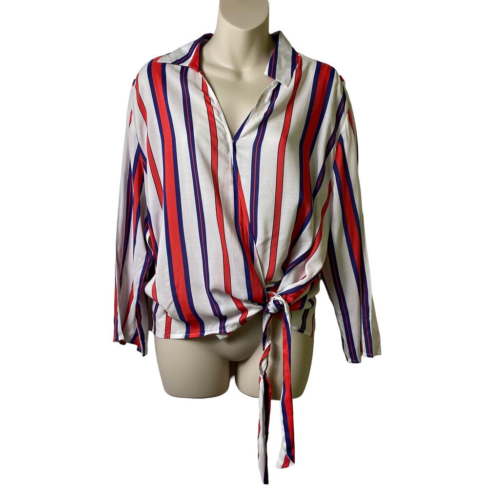 MacDougal & Houston Vintage Retro Striped Wrap Top L Red White & Blue (2564)